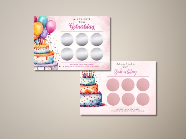 Personalisierbare Rubbelkarten zum Geburtstag mit bunter Torte, Luftballons und sechs Rubbelfeldern. Zwei Varianten mit Rubbelstickern in Silber und Roségold auf rosa Aquarell-Hintergrund. Text: „Alles Gute zum Geburtstag – Rubbeln und gewinnen“.